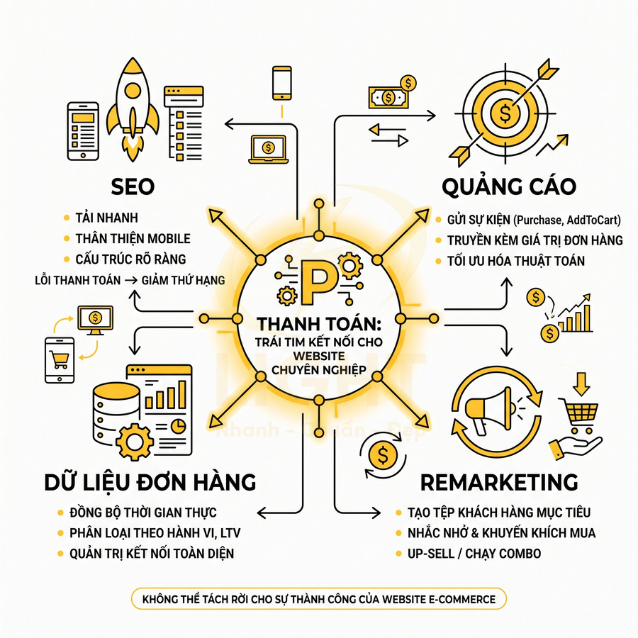 Mô hình thanh toán trung tâm kết nối SEO, quảng cáo, remarketing và dữ liệu đơn hàng cho website e commerce
