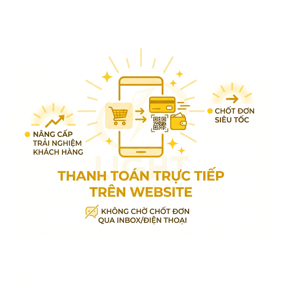 Minh họa thanh toán trực tiếp trên website bằng điện thoại với giỏ hàng, thẻ ngân hàng và mã QR