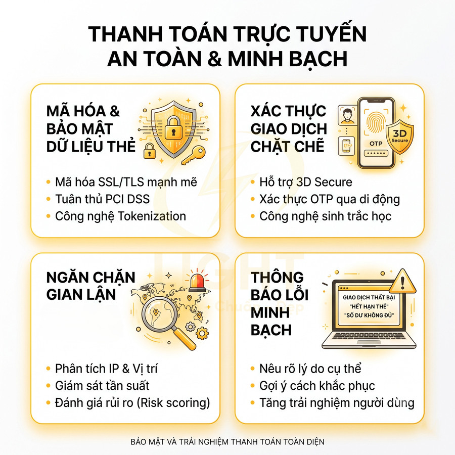 Infographic giới thiệu giải pháp thanh toán trực tuyến an toàn minh bạch với mã hóa, xác thực giao dịch và ngăn chặn gian lận