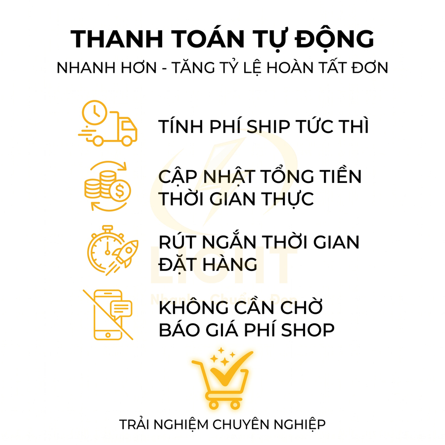 Banner giới thiệu tính năng thanh toán tự động với các lợi ích tính phí ship tức thì, cập nhật tiền và rút ngắn thời gian đặt hàng