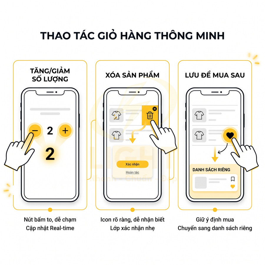 Giao diện ứng dụng mua sắm trên điện thoại với thao tác tăng giảm số lượng, xóa và lưu sản phẩm trong giỏ hàng