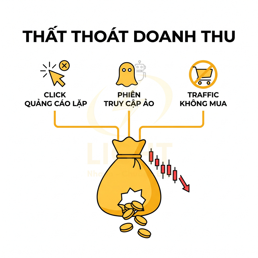 Minh họa thất thoát doanh thu do click quảng cáo lặp, phiên truy cập ảo và traffic không mua hàng