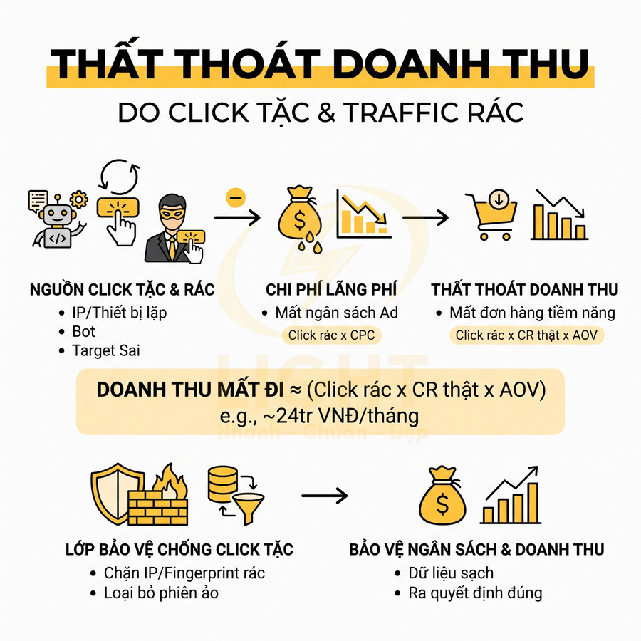 Mô tả thất thoát doanh thu do click tặc và traffic rác và giải pháp bảo vệ ngân sách quảng cáo