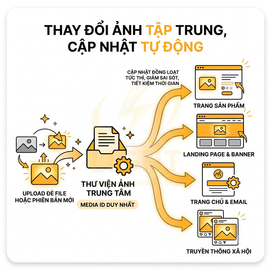 Mô tả quy trình thay đổi ảnh tập trung và cập nhật tự động cho trang sản phẩm, landing page, email, mạng xã hội