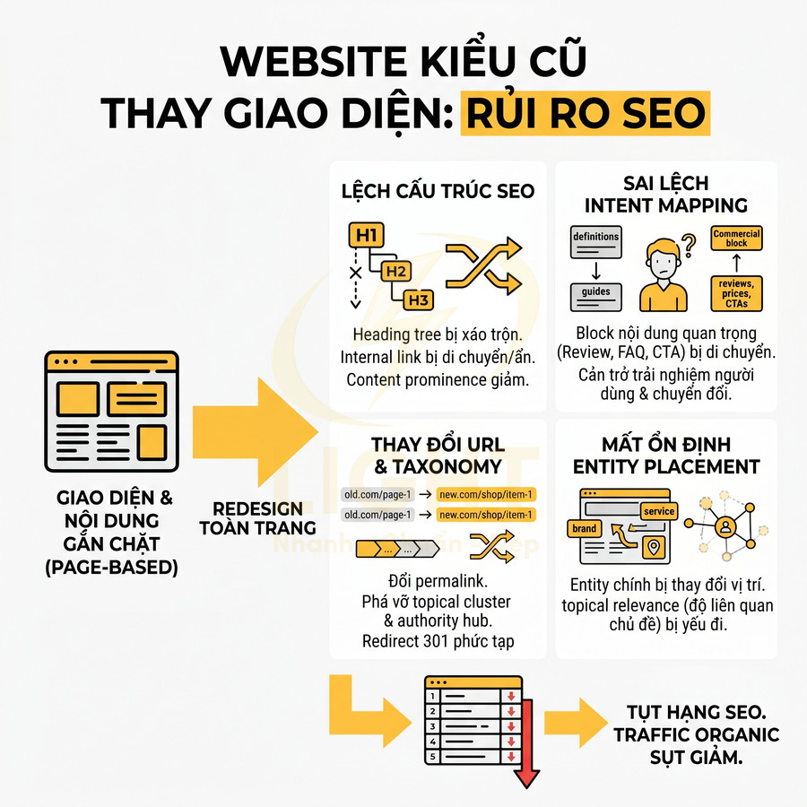 Infographic rủi ro SEO khi redesign website: lệch cấu trúc, đổi URL, mất entity, tụt hạng và giảm traffic organic