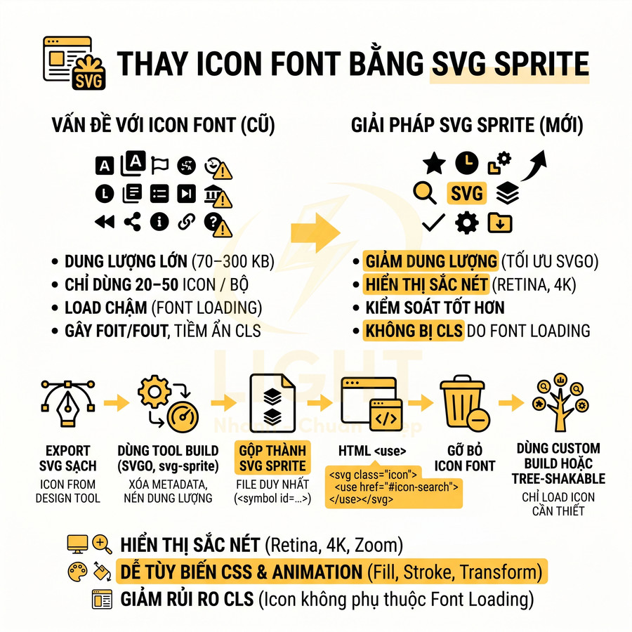 Hướng dẫn thay icon font bằng SVG sprite, so sánh ưu nhược điểm và quy trình tối ưu icon cho web