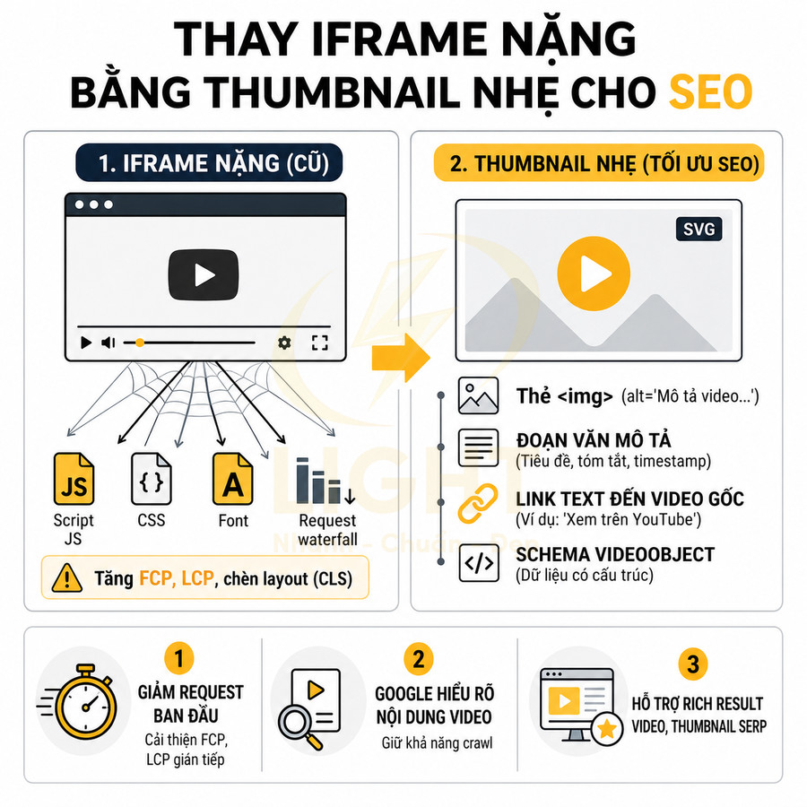 Hướng dẫn thay iframe video nặng bằng thumbnail nhẹ tối ưu SEO, giảm request và cải thiện FCP LCP CLS