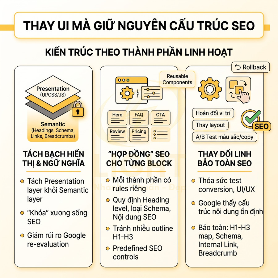 Mô hình kiến trúc UI linh hoạt giúp thay đổi giao diện nhưng giữ nguyên cấu trúc và tối ưu SEO cho website