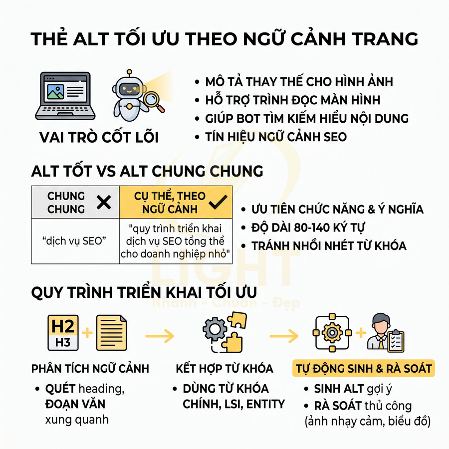 Hướng dẫn tối ưu thẻ alt theo ngữ cảnh trang với vai trò, ví dụ alt tốt và quy trình triển khai SEO