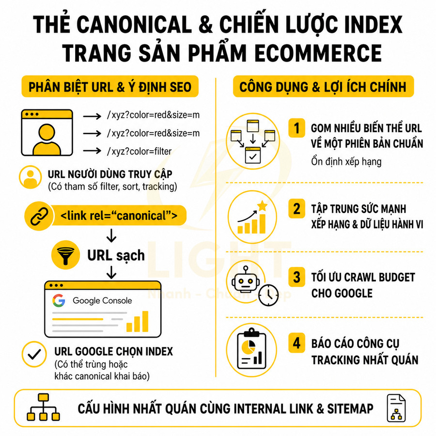 Infographic hướng dẫn dùng thẻ canonical tối ưu index trang sản phẩm ecommerce và cấu hình internal link, sitemap