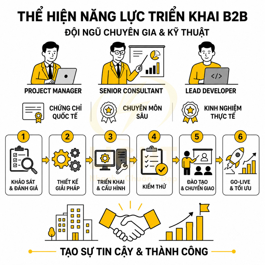 Quy trình triển khai B2B với đội ngũ project manager, consultant, developer và các bước từ khảo sát đến go live