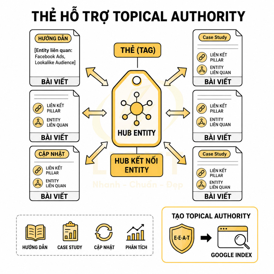 Sơ đồ thẻ tag hub entity liên kết bài viết hướng dẫn case study cập nhật phân tích để tạo topical authority SEO
