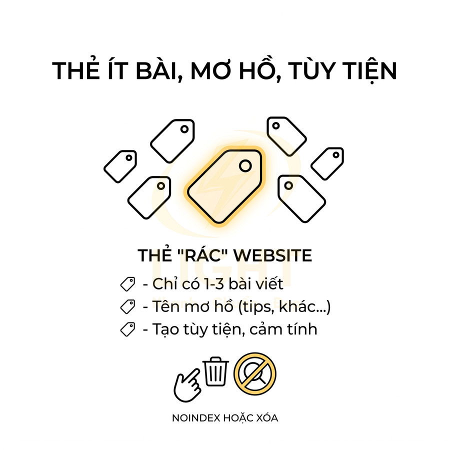 Minh họa thẻ rác website với nhiều tag mơ hồ, ít bài viết và khuyến nghị noindex hoặc xóa