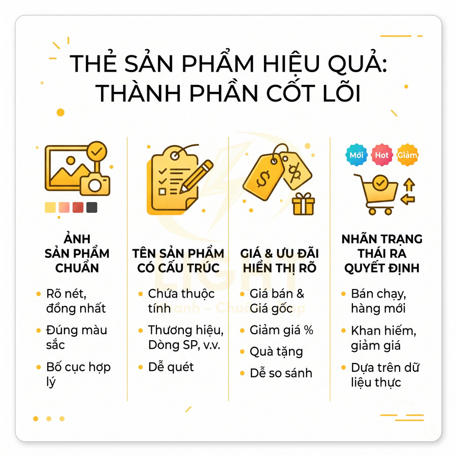 Hướng dẫn thiết kế thẻ sản phẩm hiệu quả với ảnh chuẩn, tên cấu trúc, giá ưu đãi và nhãn trạng thái rõ ràng
