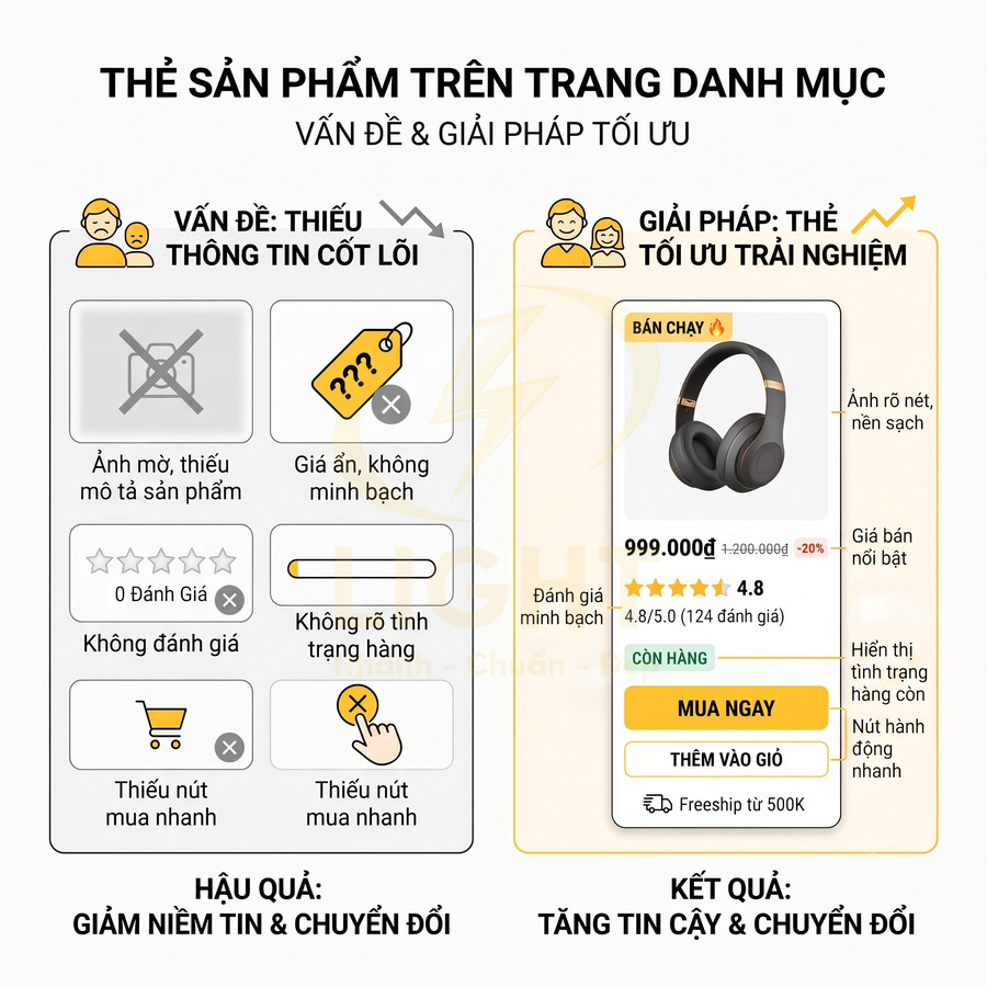 Mẫu thẻ sản phẩm tai nghe không dây trên trang danh mục với giá, đánh giá sao và nút mua ngay nổi bật