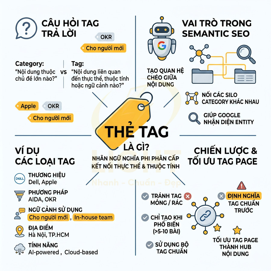 Infographic giải thích thẻ tag trong SEO semantic, ví dụ tag thương hiệu Dell Apple, phương pháp AIDA OKR và chiến lược tối ưu tag page