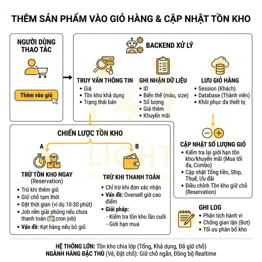 Quy trình thêm sản phẩm vào giỏ hàng và cập nhật tồn kho trong hệ thống bán hàng online