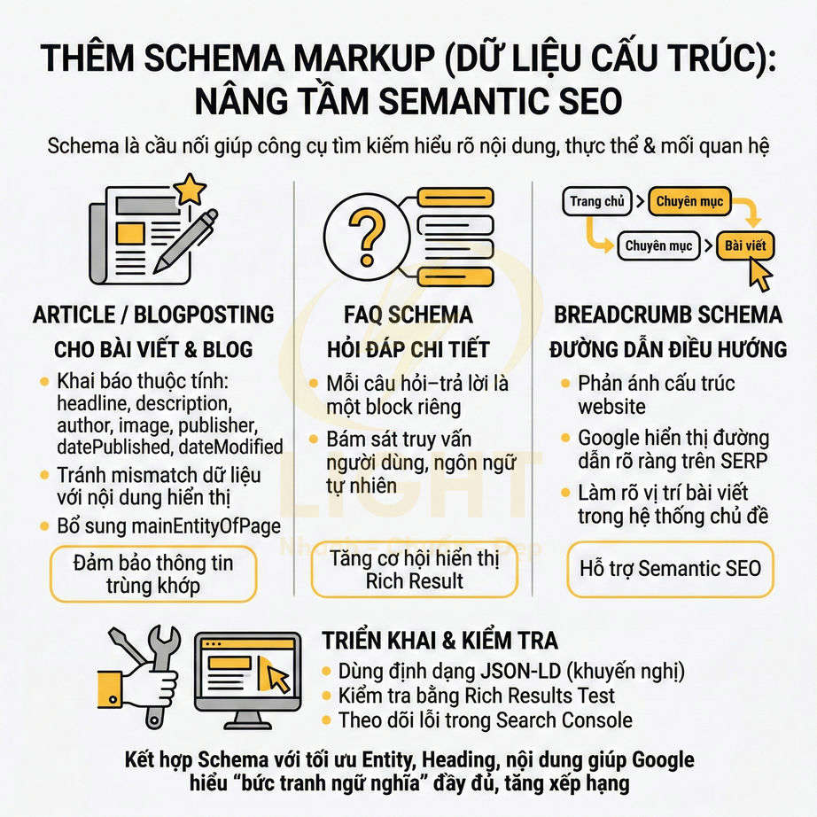 Infographic hướng dẫn thêm schema markup dữ liệu cấu trúc để tối ưu semantic SEO cho bài viết và website
