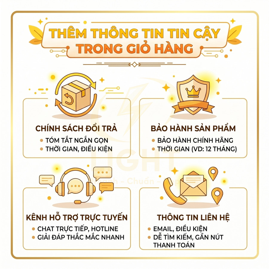 Hình minh họa các chính sách đổi trả, bảo hành, hỗ trợ trực tuyến và thông tin liên hệ trong giỏ hàng online