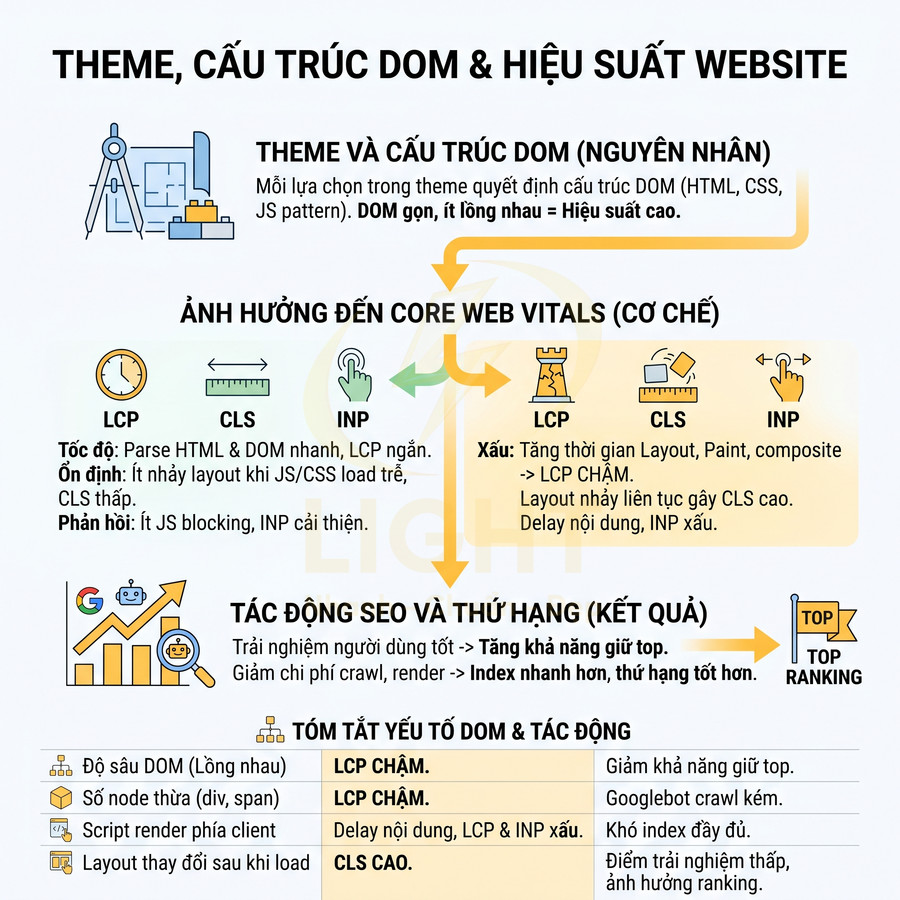Theme, cấu trúc DOM và hiệu suất website ảnh hưởng Core Web Vitals và thứ hạng SEO