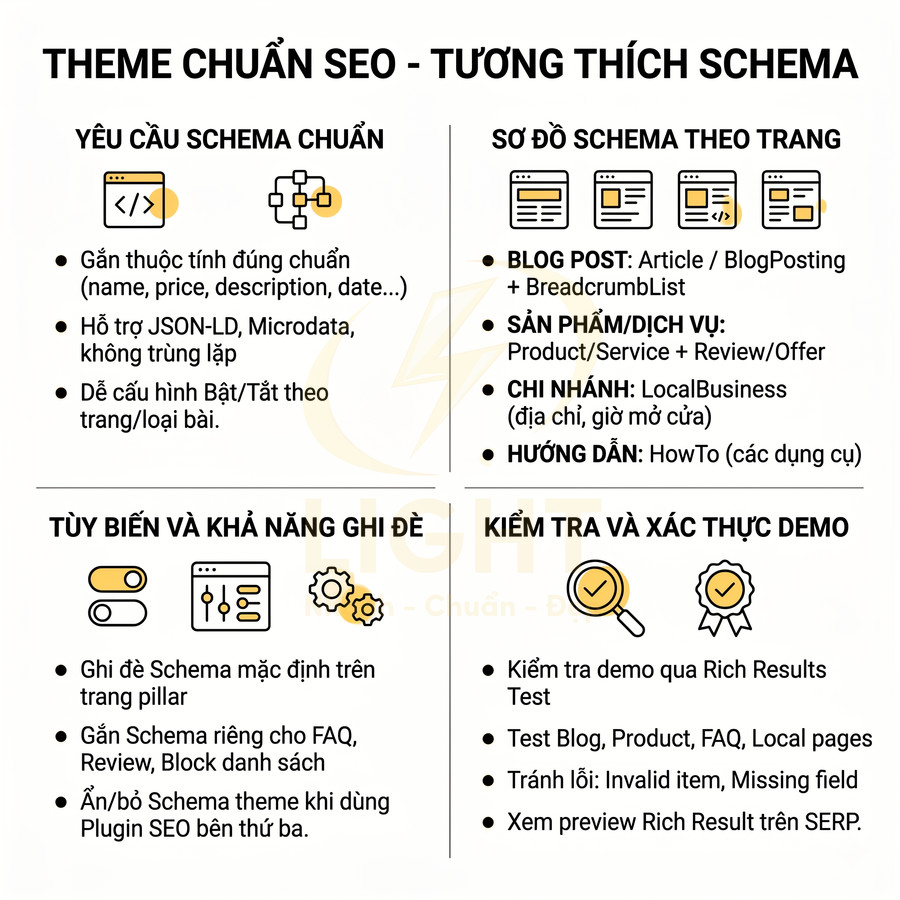 Theme chuẩn SEO tương thích schema với yêu cầu, sơ đồ schema, tùy biến ghi đè và kiểm tra xác thực demo