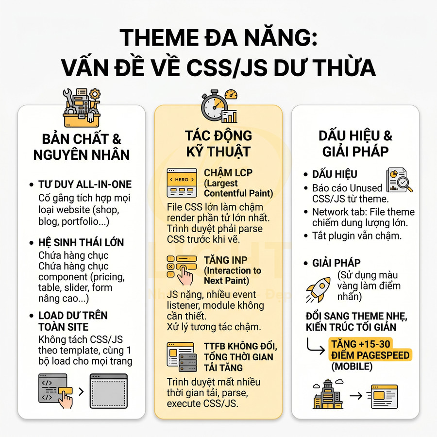 Infographic về theme đa năng và vấn đề CSS JS dư thừa cùng tác động kỹ thuật và giải pháp tối ưu Pagespeed