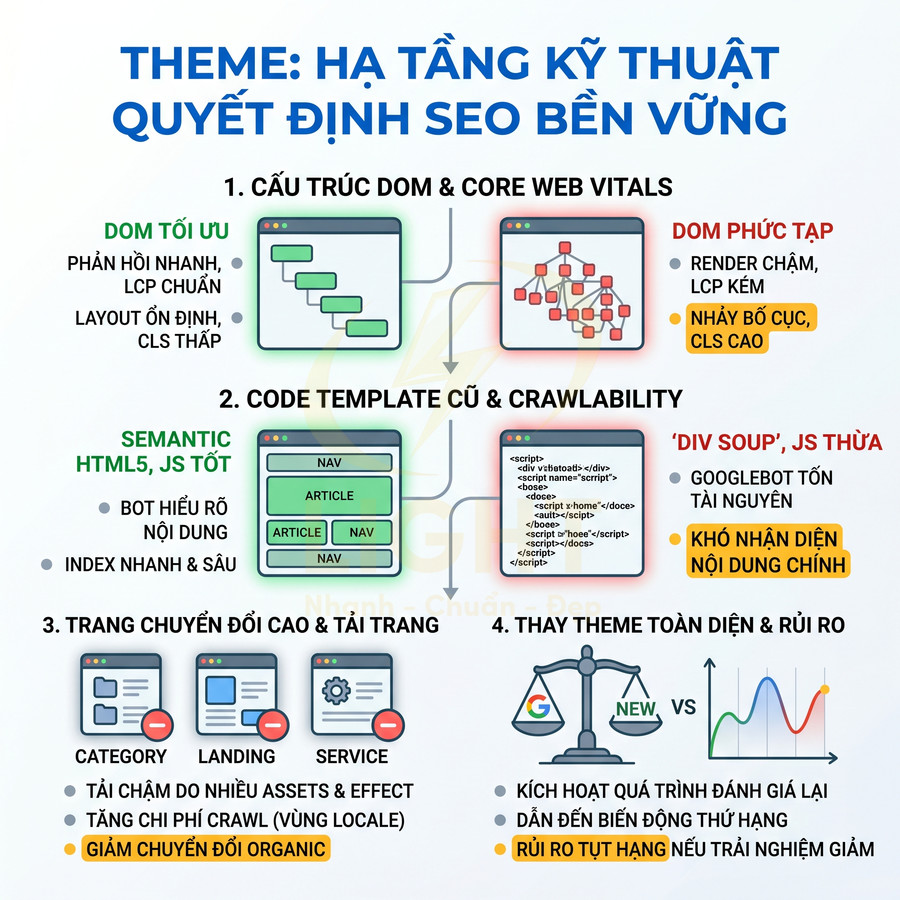 Infographic về vai trò của theme và hạ tầng kỹ thuật trong tối ưu SEO bền vững cho website