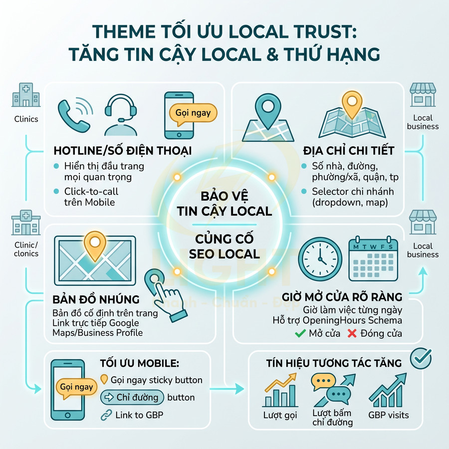 Infographic tối ưu Local SEO với hotline, địa chỉ chi tiết, bản đồ nhúng, giờ mở cửa và tối ưu mobile