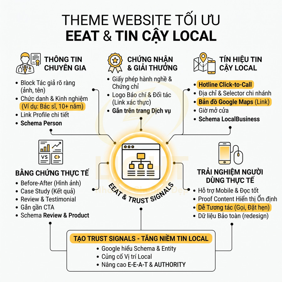 Infographic tối ưu theme website chuẩn SEO với tín hiệu E-E-A-T và tăng độ tin cậy local
