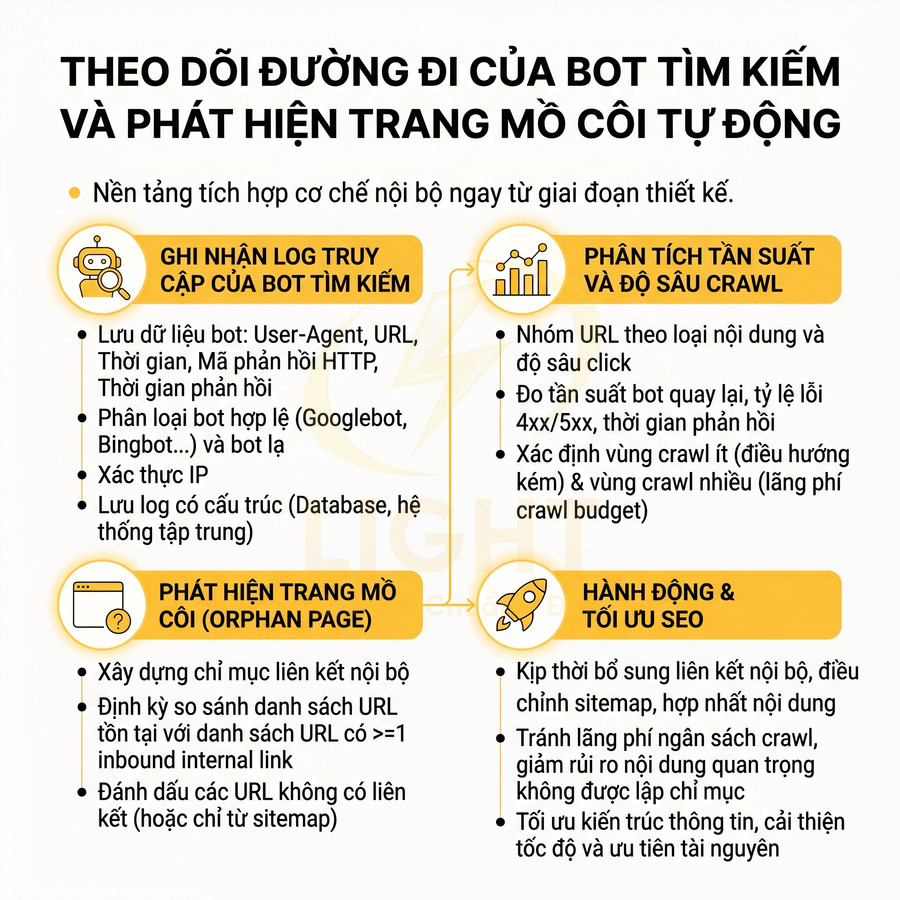 Infographic quy trình theo dõi bot tìm kiếm, phát hiện trang mồ côi và tối ưu SEO cho website