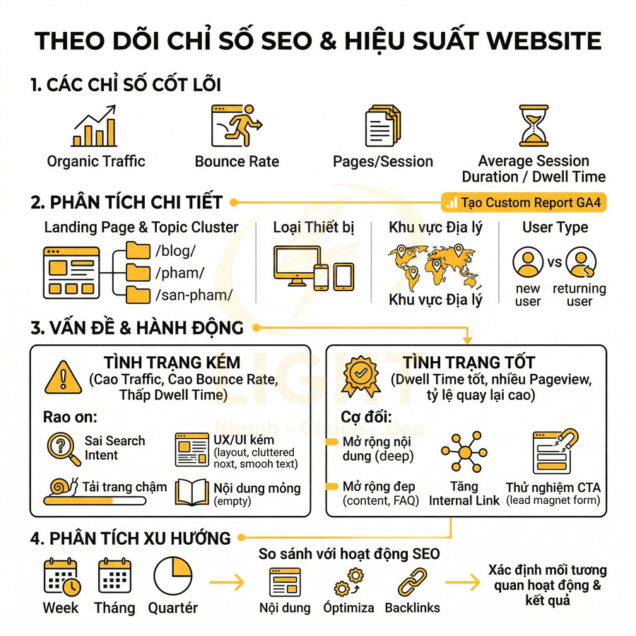 Hướng dẫn theo dõi chỉ số SEO và hiệu suất website với các KPI, phân tích chi tiết, vấn đề và hành động cải thiện