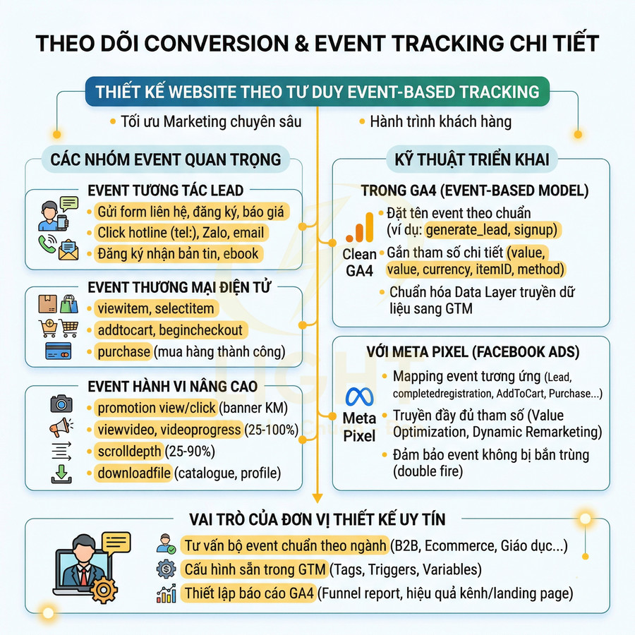 Infographic hướng dẫn theo dõi conversion và event tracking chi tiết với GA4 và Meta Pixel cho website marketing