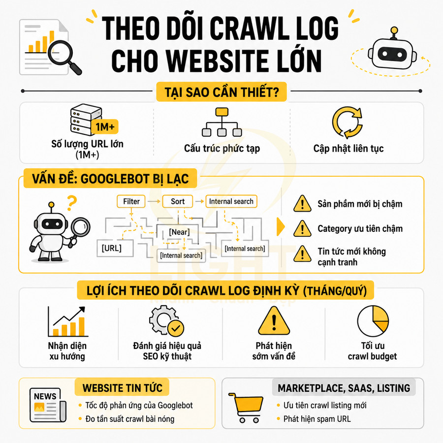 Infographic hướng dẫn theo dõi crawl log cho website lớn để tối ưu SEO và ngân sách crawl của Googlebot
