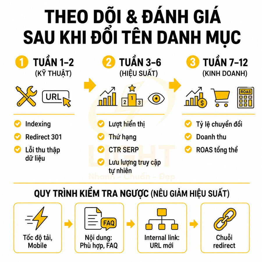 Quy trình theo dõi đánh giá SEO sau khi đổi tên danh mục và kiểm tra ngược khi hiệu suất giảm