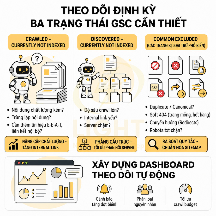 Infographic hướng dẫn theo dõi ba trạng thái GSC và xây dựng dashboard tự động tối ưu SEO website