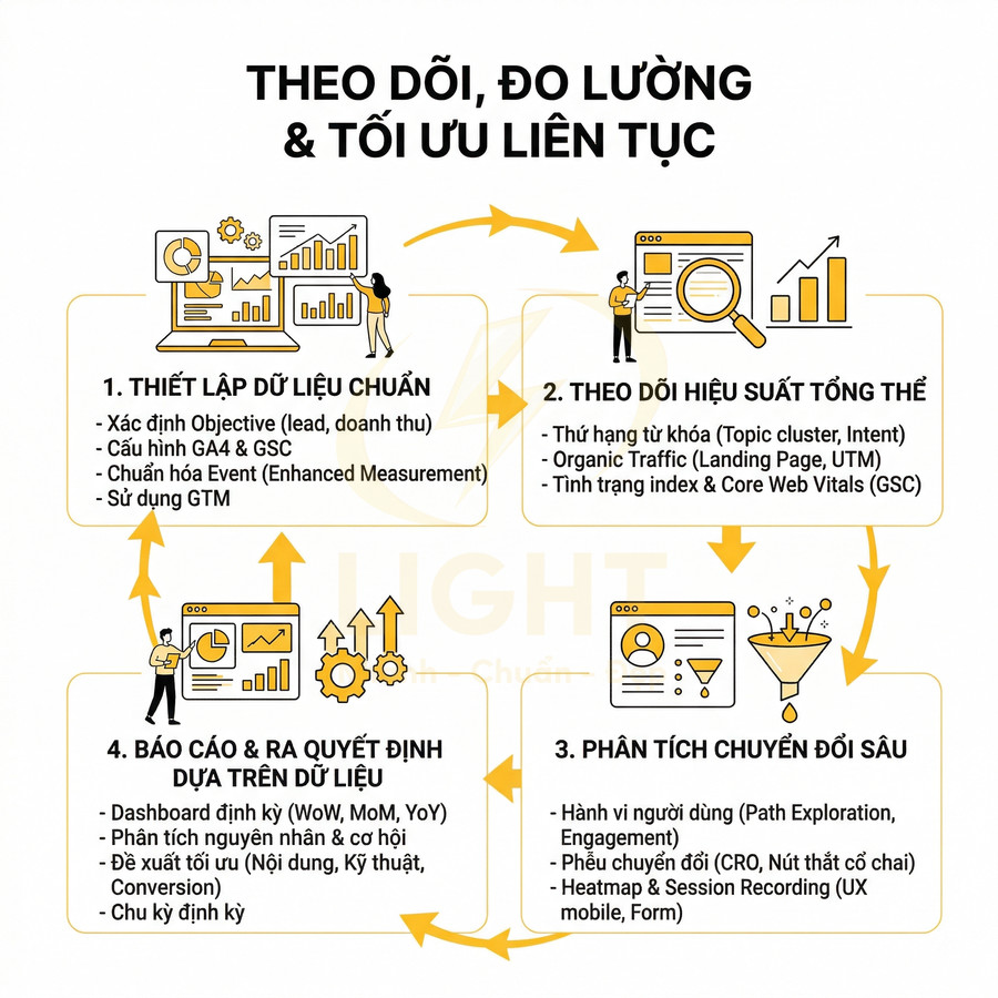 Quy trình theo dõi đo lường và tối ưu liên tục trong marketing với 4 bước phân tích dữ liệu và chuyển đổi