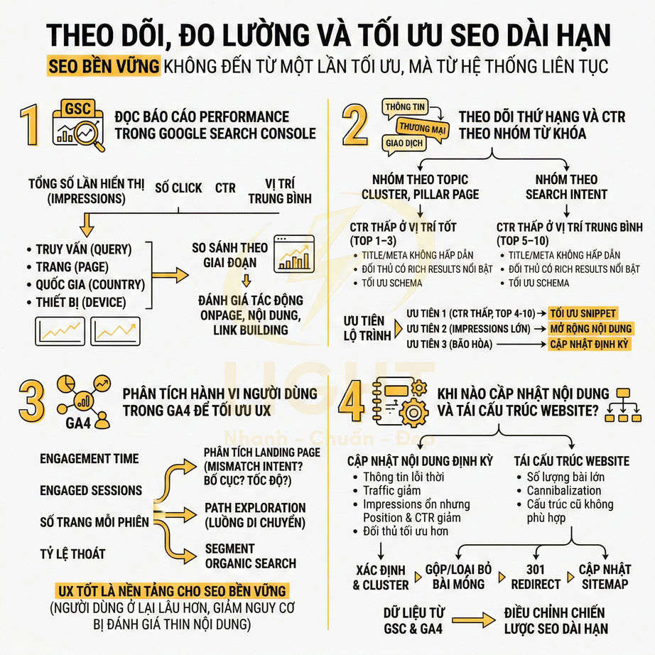 Infographic quy trình theo dõi đo lường và tối ưu SEO dài hạn bằng Google Search Console và GA4
