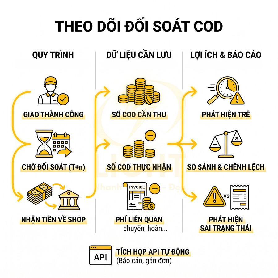 Sơ đồ quy trình theo dõi đối soát COD, dữ liệu cần lưu và lợi ích báo cáo cho shop online