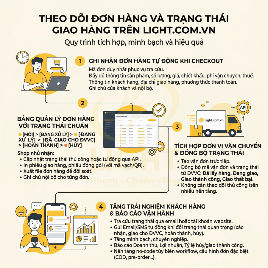 Infographic quy trình theo dõi đơn hàng và trạng thái giao hàng trên nền tảng Light.com.vn