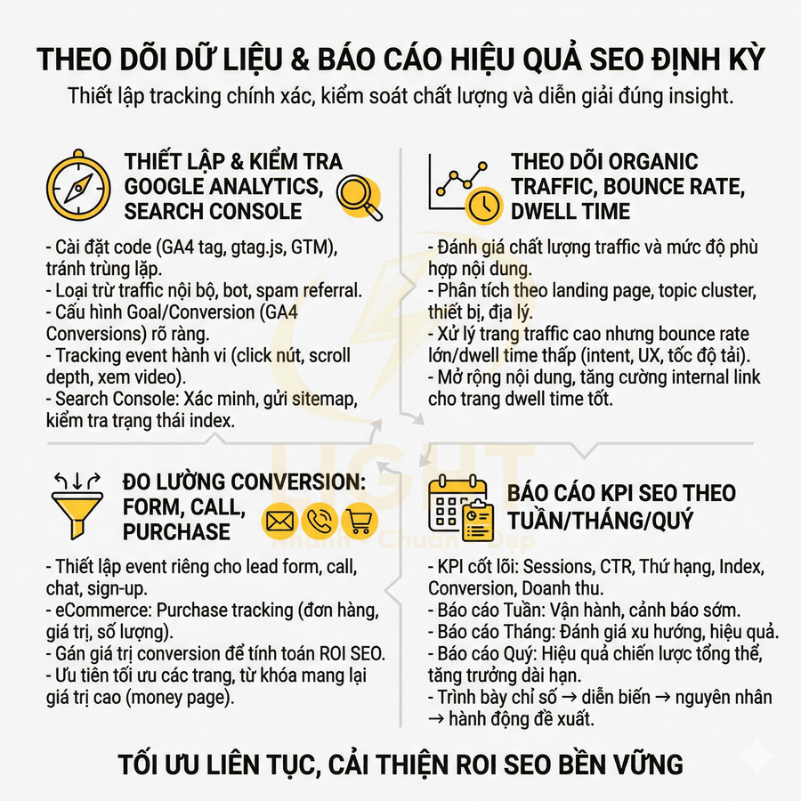 Infographic quy trình theo dõi dữ liệu và báo cáo hiệu quả SEO định kỳ, đo lường conversion và KPI SEO