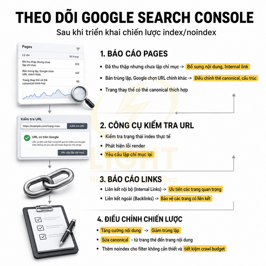 Hướng dẫn theo dõi Google Search Console sau triển khai chiến lược index noindex với báo cáo pages links và điều chỉnh SEO
