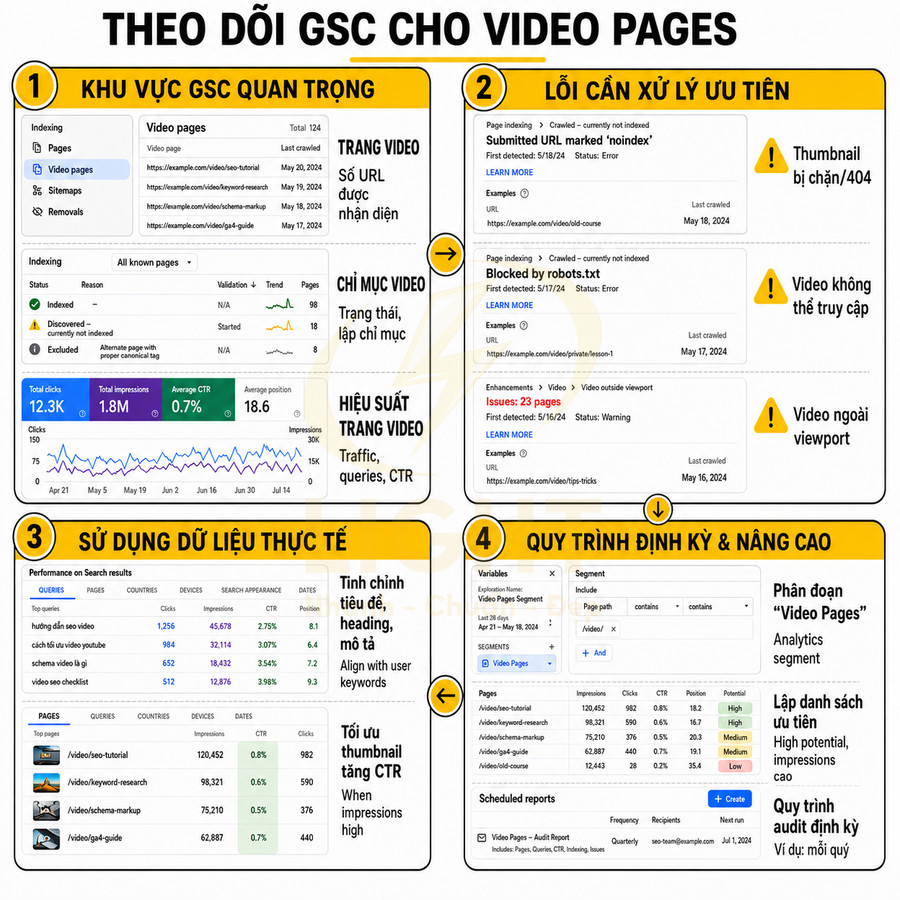 Infographic hướng dẫn theo dõi Google Search Console cho video pages với các bước tối ưu và xử lý lỗi video