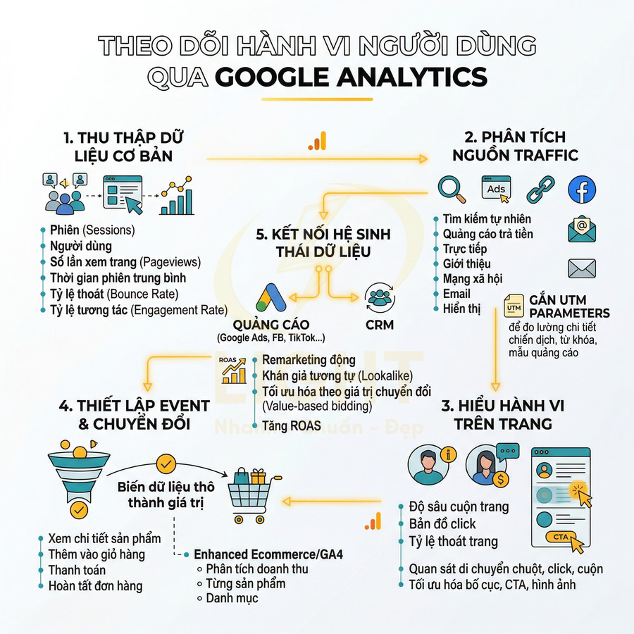 Infographic quy trình theo dõi hành vi người dùng và đo lường chuyển đổi bằng Google Analytics