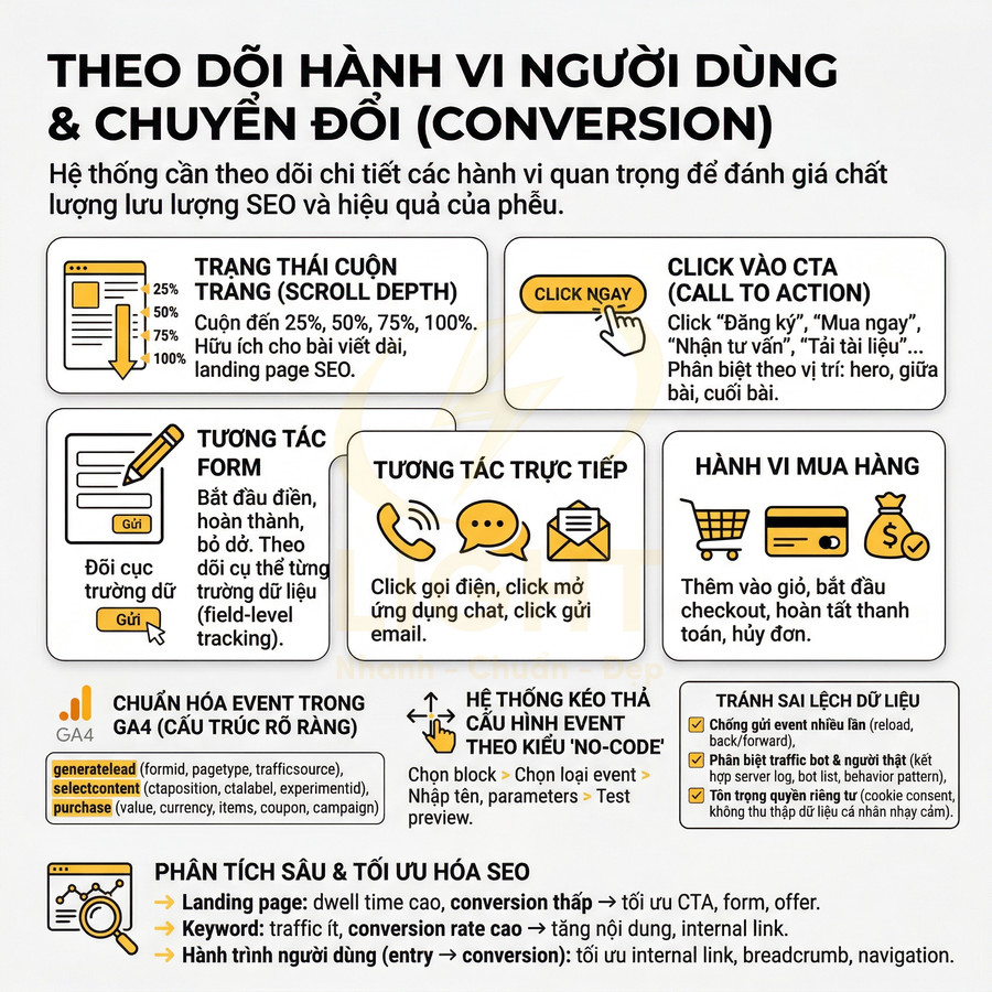 Infographic theo dõi hành vi người dùng và chuyển đổi SEO với các loại event và hành vi mua hàng