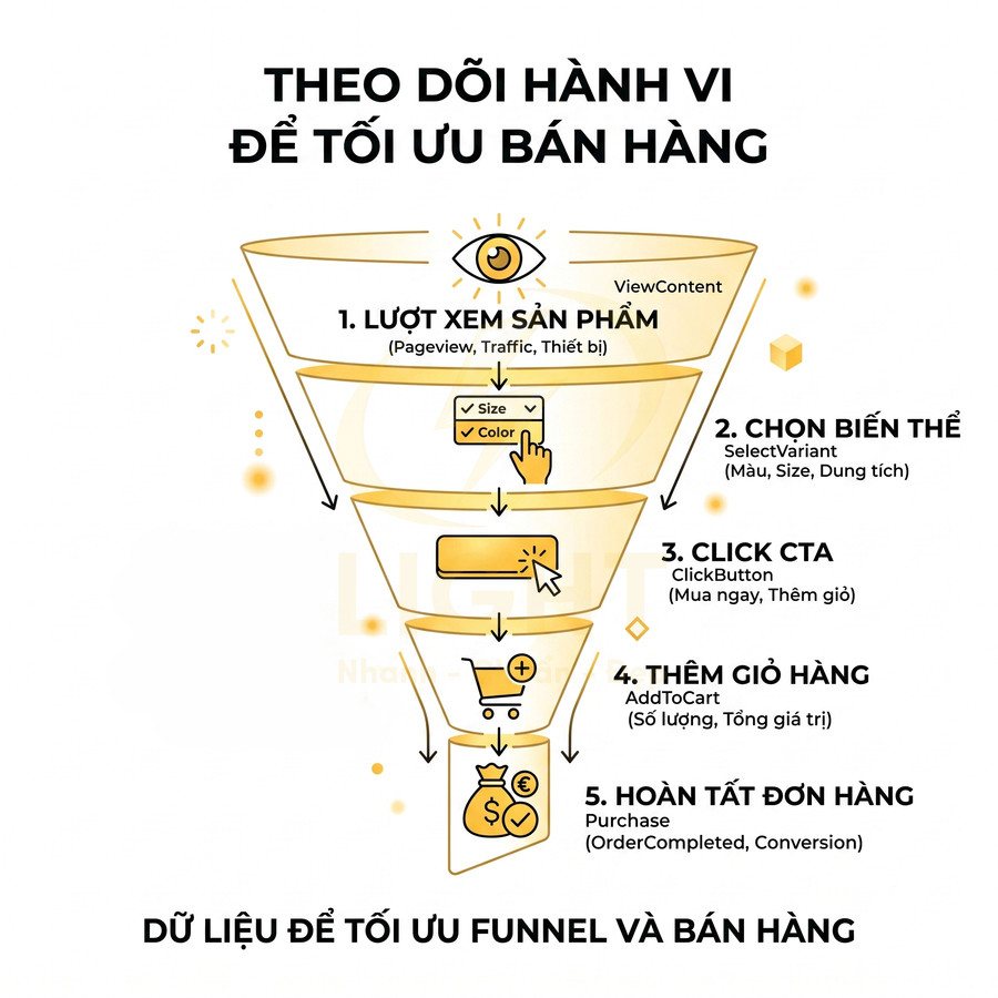 Mô hình phễu theo dõi hành vi khách hàng từ xem sản phẩm đến hoàn tất đơn hàng để tối ưu bán hàng