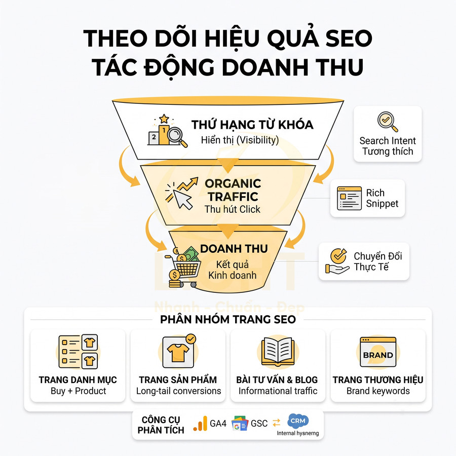 Mô hình phễu theo dõi hiệu quả SEO từ thứ hạng từ khóa đến organic traffic và doanh thu doanh nghiệp