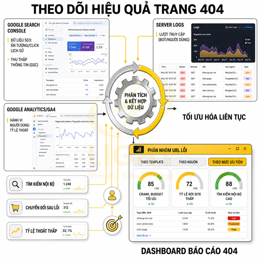Dashboard báo cáo 404 theo dõi hiệu quả trang lỗi bằng Google Search Console, GA4 và server logs