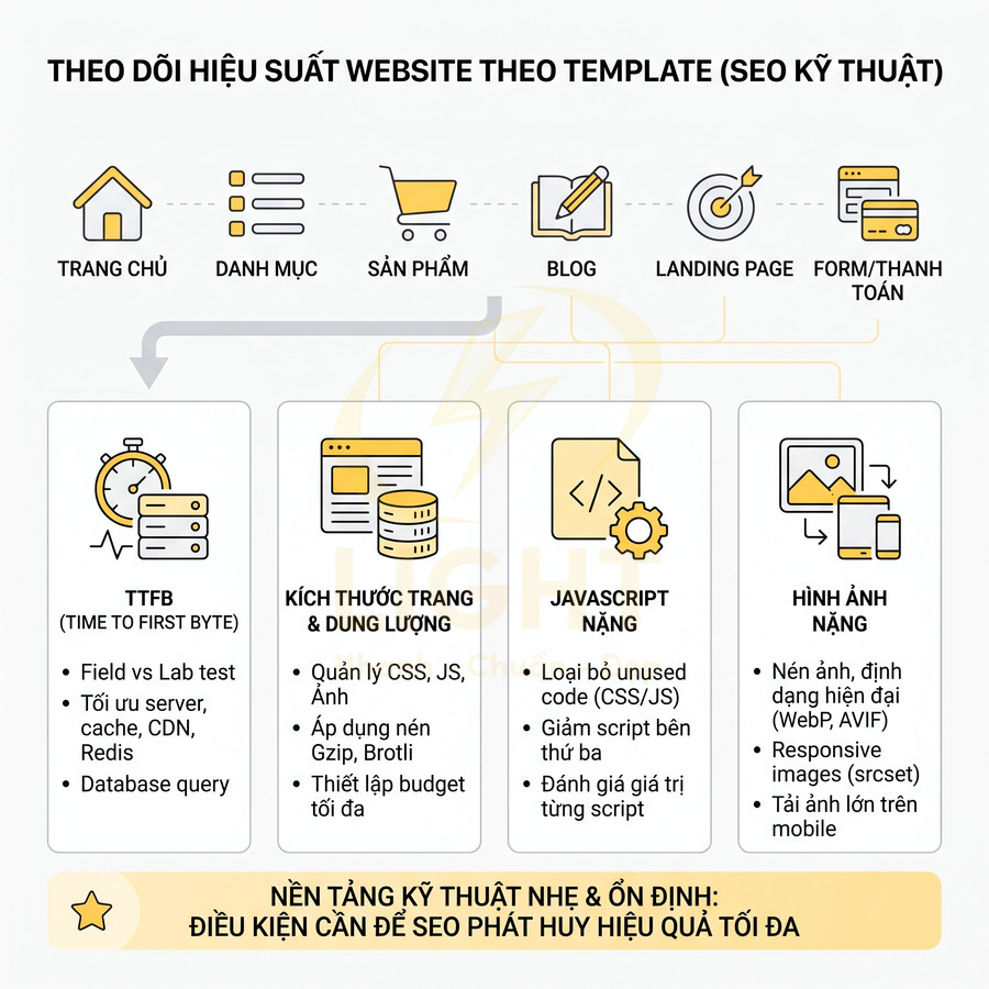 Minh họa các yếu tố kỹ thuật tối ưu hiệu suất website cho SEO như TTFB, dung lượng trang, JavaScript và hình ảnh
