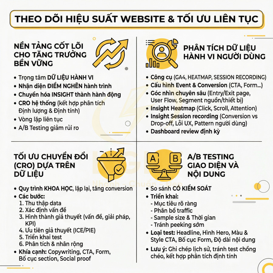 Infographic quy trình theo dõi hiệu suất website, phân tích dữ liệu hành vi và tối ưu chuyển đổi CRO, A/B testing giao diện nội dung