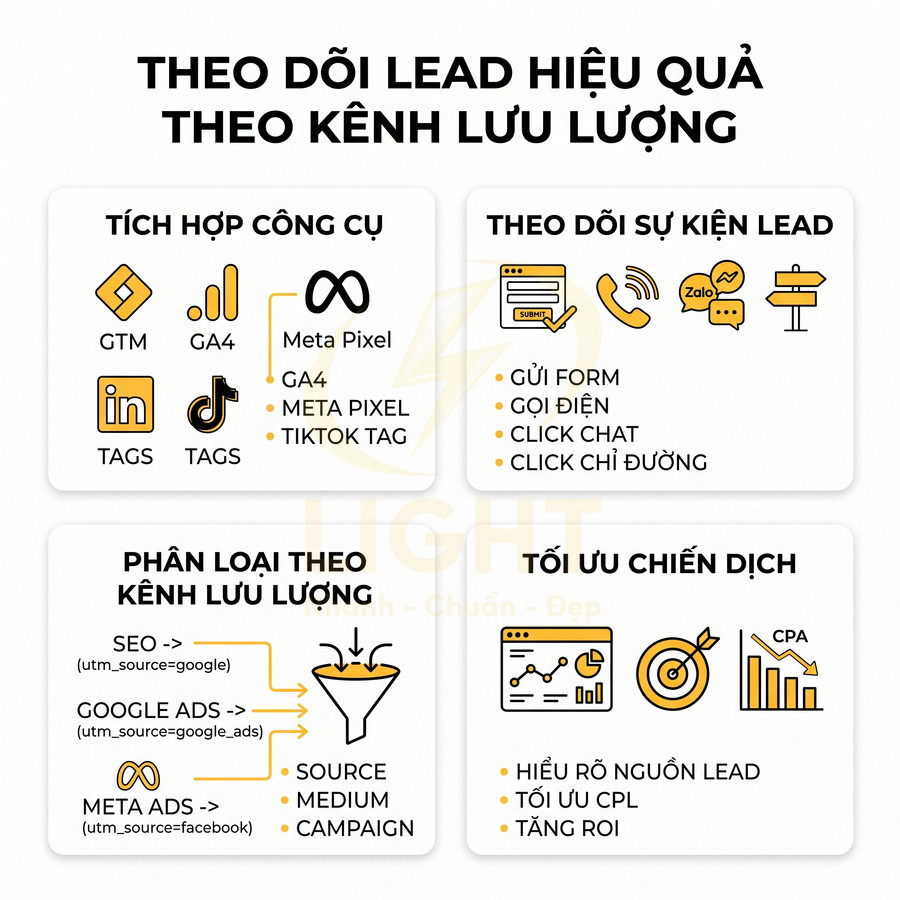 Infographic hướng dẫn theo dõi lead hiệu quả theo kênh lưu lượng và tối ưu chiến dịch marketing online